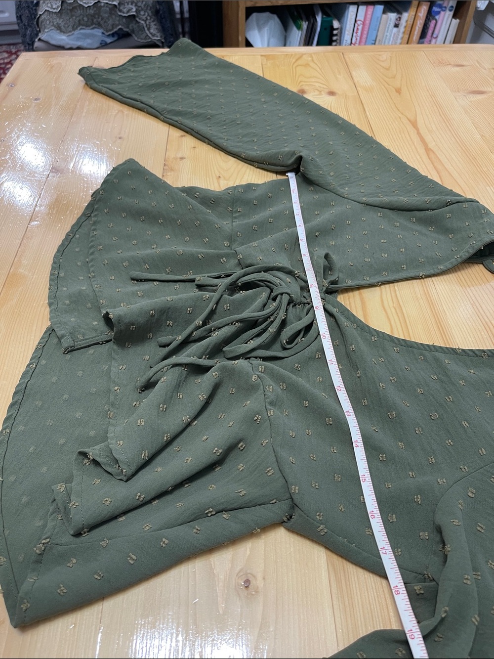 Altar’d State Swiss Dot Tie Front CropTop Bell Sleeve olive green Y2K babydoll M - Picture 10 of 16